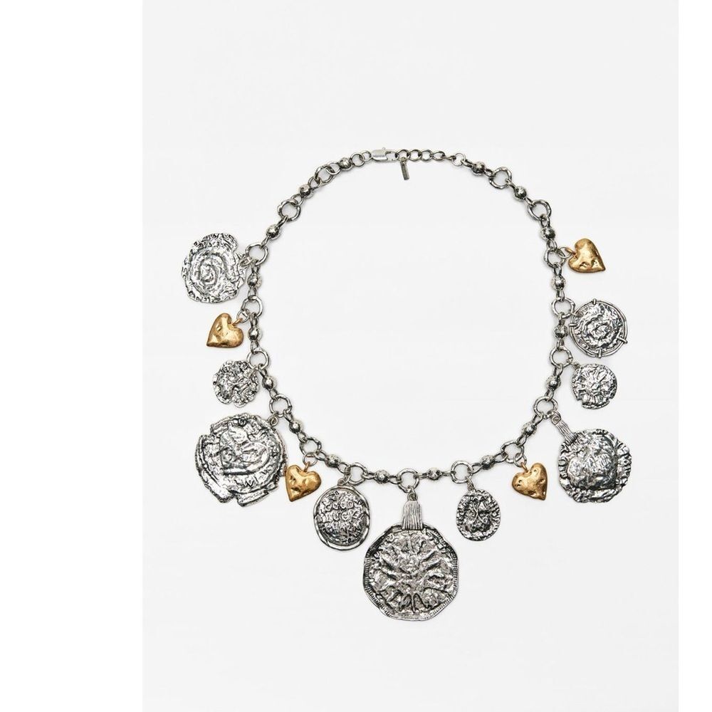 ZARA Heart Medallion Coin Charm Necklace -Silver/gold NWT - Picture 3 of 8